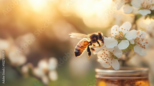 Capturing a bee on a flower near a jar of honey, this image beautifully illustrates the connection between bees and honey production in warm, glowing sunlight.