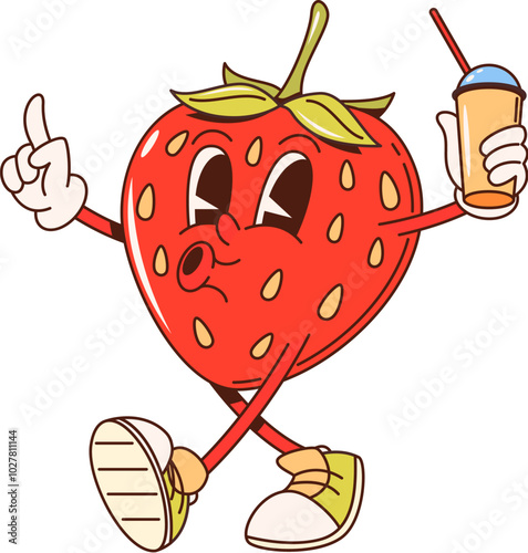 Retro groovy strawberry berry character walking with a cup. Isolated cartoon vector lively fruit personage wears sneakers, holding paper mug with drink, radiating joy, with expressive eyes and a smile