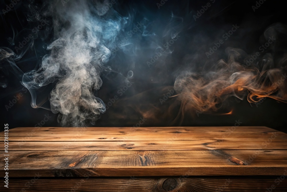 Empty wooden table with smoke on black background close-up Empty wooden table with smoke on black background close-up