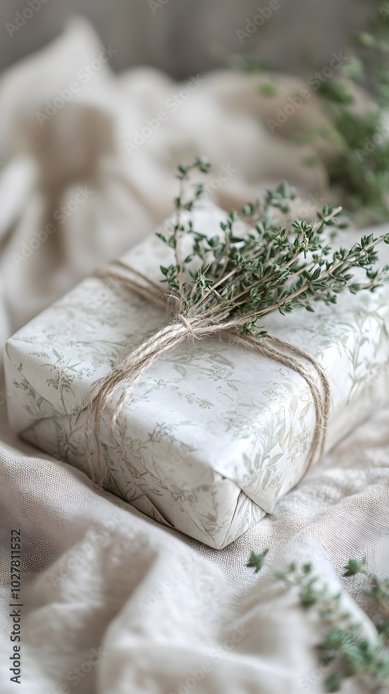 A photo of an elegant, wrapped gift with natural twine and dried thyme tied around it, sitting on top of a vintage-style tablecloth