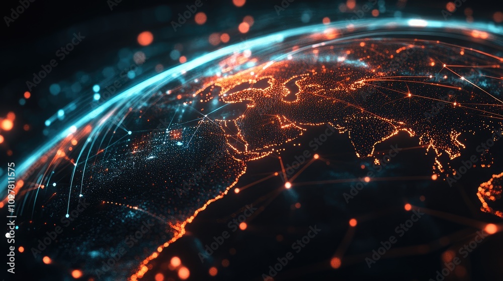 Obraz premium High-tech representation of global networking with illuminated lines and data points mapping a digital world