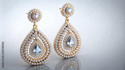 Exquisite earrings on white background catching light