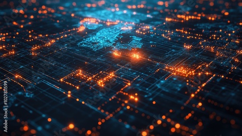 High-tech representation of global networking with illuminated lines and data points mapping a digital world