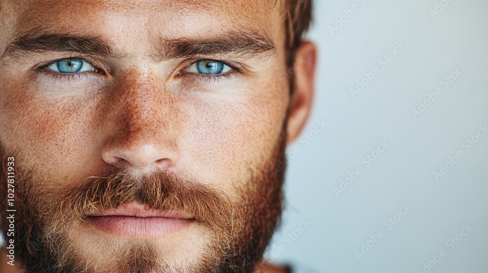 A striking close-up of a blue-eyed man with a freckled face, his beard accentuating the artistic play of textures, offering a modern take on classic portraiture. A striking close-up of a blue-eyed man with a freckled face, his beard accentuating the artistic play of textures, offering a modern take on classic portraiture.