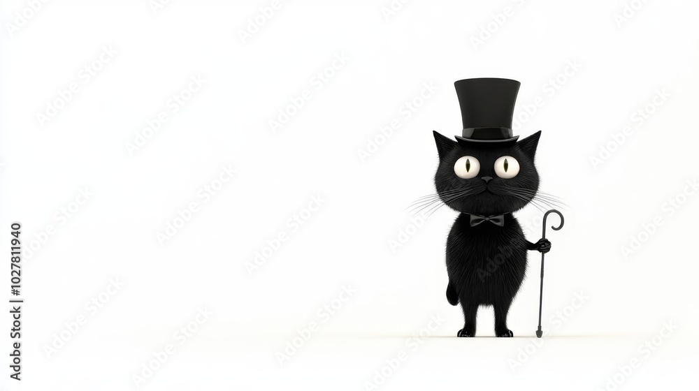 A charming cartoon cat in a top hat and bow tie, holding a cane, perfect for whimsical designs and creative projects. A charming cartoon cat in a top hat and bow tie, holding a cane, perfect for whimsical designs and creative projects.