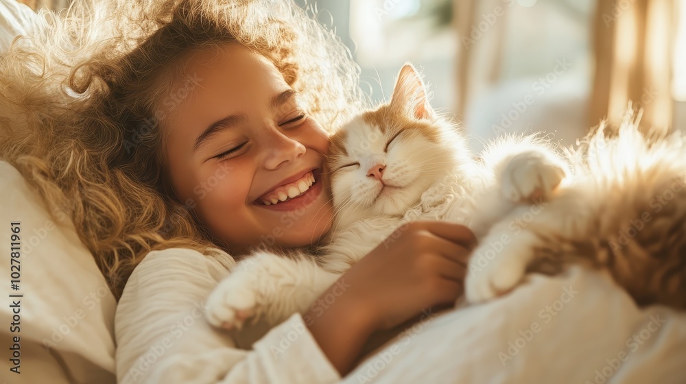 A cheerful child joyfully embraces a fluffy cat in the cozy morning light, capturing a touching moment of warmth and happiness brimming with affection. A cheerful child joyfully embraces a fluffy cat in the cozy morning light, capturing a touching moment of warmth and happiness brimming with affection.