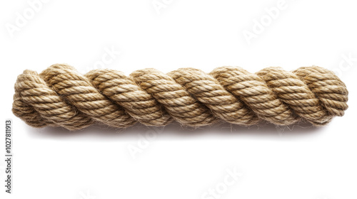 A close-up view of twisted natural fiber rope lying on a plain white background