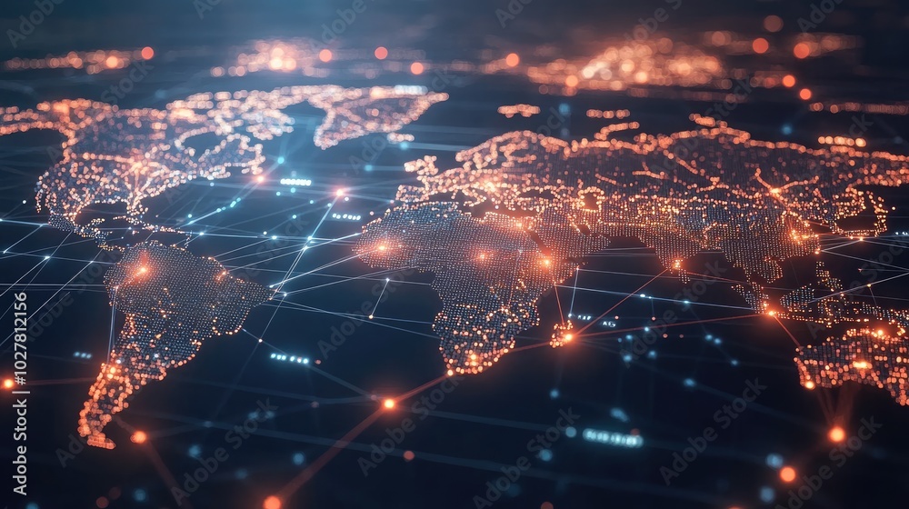 High-tech visualization of global connections with bright network nodes and lines spanning a 3D world map High-tech visualization of global connections with bright network nodes and lines spanning a 3D world map