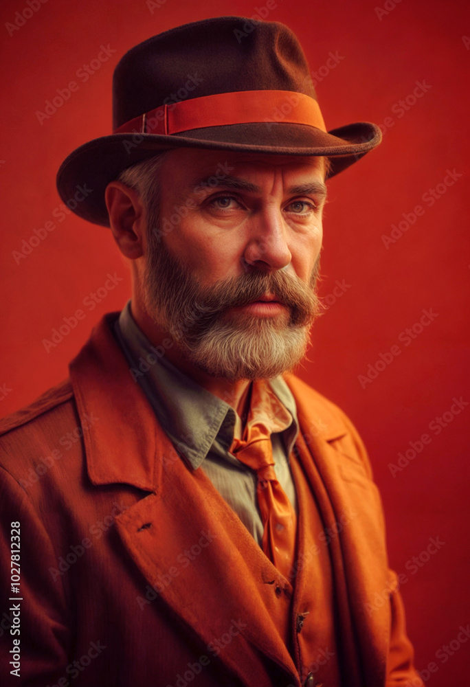 dramatic portrait of old bearded detective in a hat on a orange background cinematic light dramatic portrait of old bearded detective in a hat on a orange background cinematic light