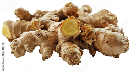 Fresh ginger roots displayed on a clean surface, showcasing their natural tex...