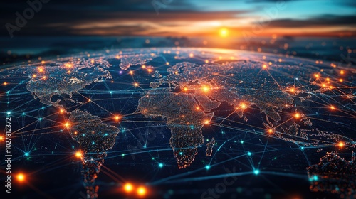 High-tech visualization of global connectivity with glowing network lines and nodes spreading across a digital world map