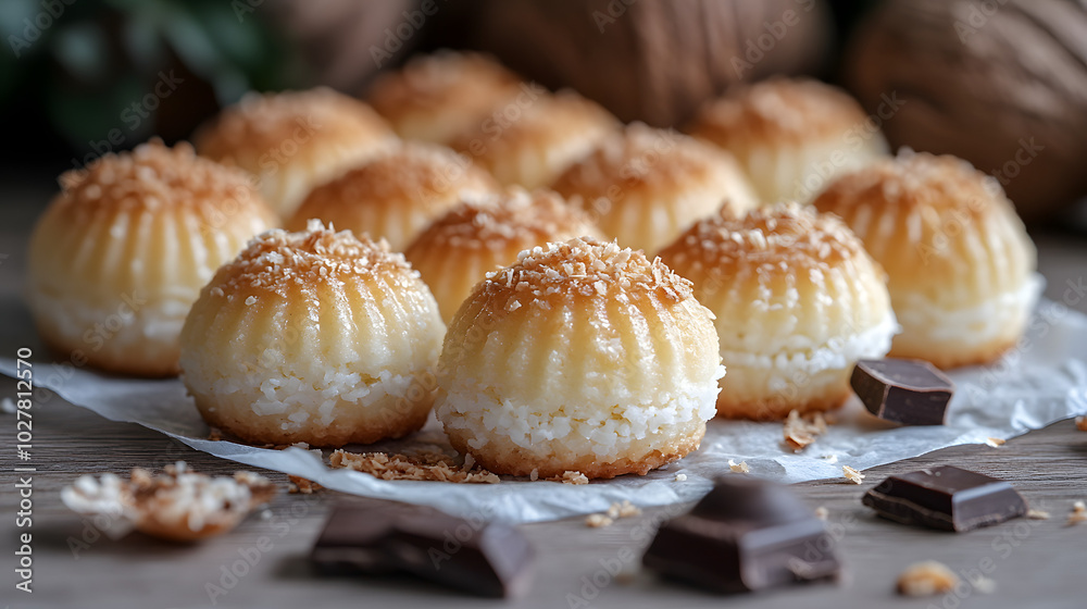 A Close-Up of Delicate Coconut Macaroons on Parchment Paper, Highlighting Their Golden-Brown Color and Crisp Texture, with Subtle Shadows Adding Depth to the Presentation.
A Close-Up of Delicate Coconut Macaroons on Parchment Paper, Highlighting Their Golden-Brown Color and Crisp Texture, with Subtle Shadows Adding Depth to the Presentation.
