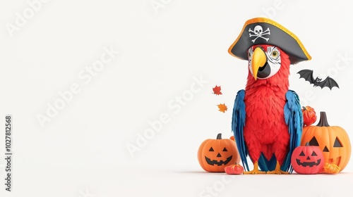 Colorful pirate parrot stands beside Halloween pumpkins, evoking a fun and festive atmosphere perfect for seasonal celebrations. photo