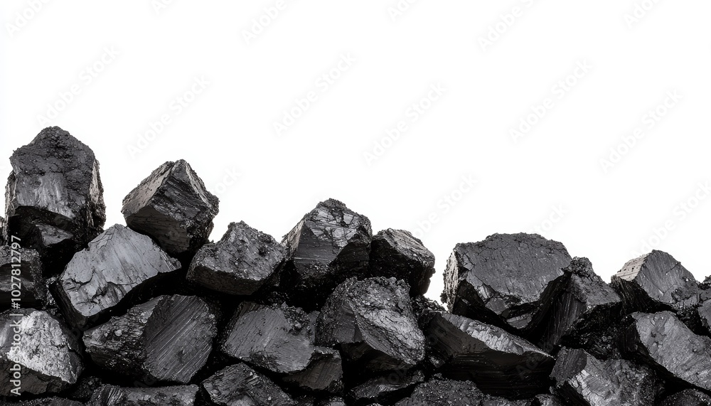 Close-up of raw coal rocks and broken pieces, isolated on white, symbolizing fossil fuel and natural resource extraction Close-up of raw coal rocks and broken pieces, isolated on white, symbolizing fossil fuel and natural resource extraction
