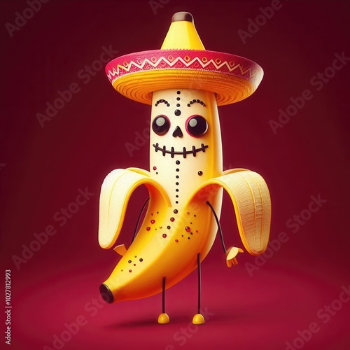 Personaje divertido de plátano con sombrero, celebrando el Día de Muertos en México. Ideal para proyectos culturales y de festividades. photo