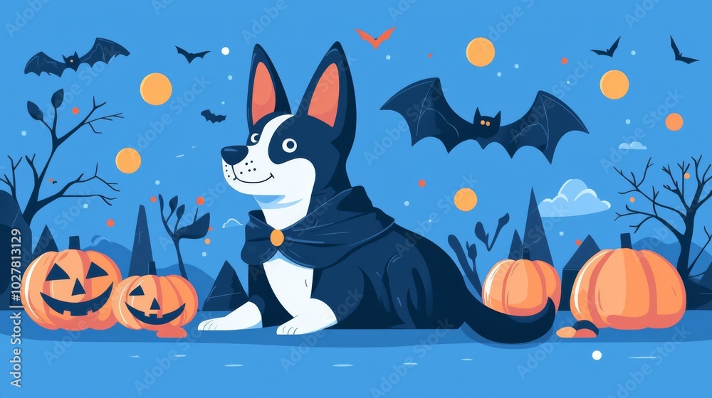 Fototapeta premium A playful dog in a Halloween theme, surrounded by pumpkins and bats on a bright blue background, perfect for seasonal decorations.