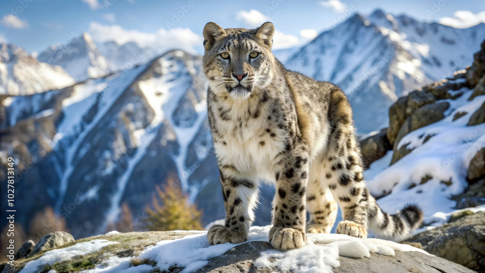 Obraz premium Stunning image of a snow leopard in its natural mountain habitat. Ideal for wildlife nature backgrounds, environmental posters and nature-themed designs.