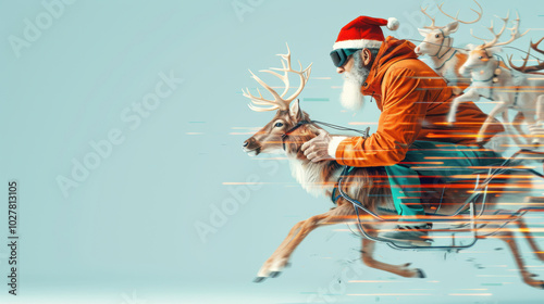 Santa Claus riding reindeer wearing virtual reality glasses and speeding forward with glittering light for advertisement on celebration christmas festival in futuristic technology imagination fantasy photo