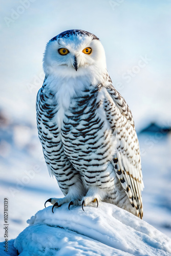 Snowy owl on arctic tundr. Ideal for environmental projects, wildlife calendars, winter themed materials and more. photo