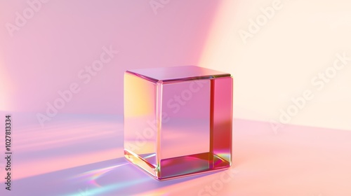 Elegant glass cube reflecting soft rainbow hues, minimalist and abstract representation of light refraction, perfect for modern artistic visuals