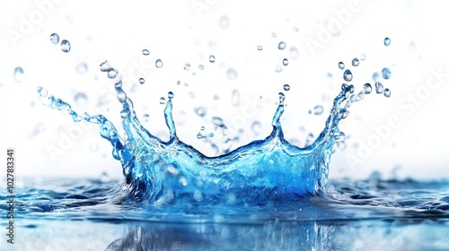 Isolated blue water splash on a white background, capturing the vibrant motion and detailed droplets of the water in action