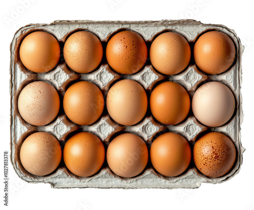 Various brown and speckled eggs arranged in a cardboard carton on a white bac...