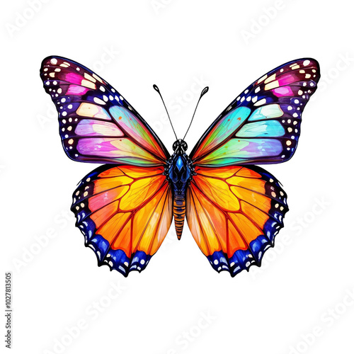 A colourful butterfly with vibrant purple, orange, and blue wings against a white background