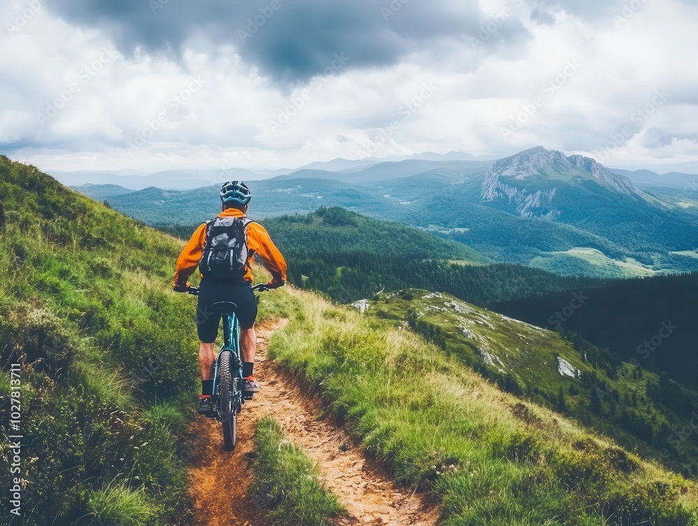 mountain biker navigating a thrilling downhill trail, surrounded by breathtaking landscapes, showcasing the adrenaline and freedom of outdoor adventure and recreational sports