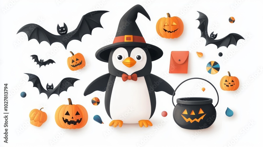 Fototapeta premium A playful Halloween penguin wearing a witch hat, surrounded by pumpkins, bats, and festive decorations for a charming celebration.