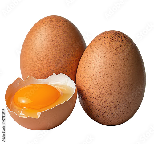 Freshly cracked brown eggs revealing bright yellow yolk on a clean surface