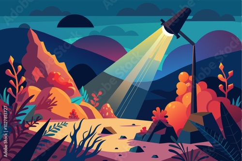 An electric light source casting a long, dramatic shadow across a vibrant coral reef