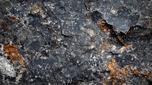 Close-up of a Rough, Dark Grey Stone with Patches of White and Orange Lichen