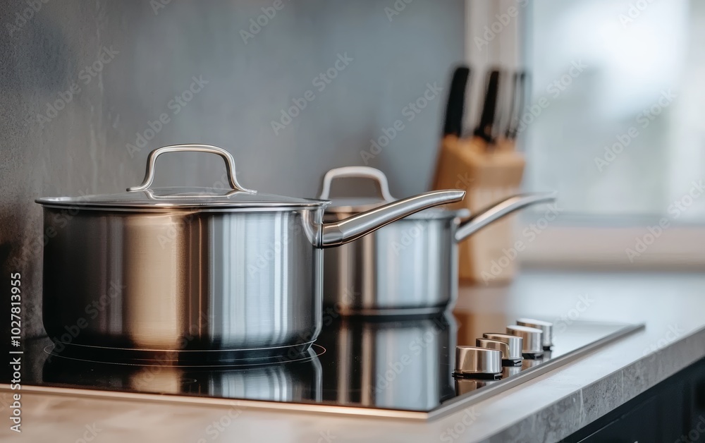 High-quality stainless steel cookware set on an induction stove, showcasing a shiny finish in a modern kitchen environment High-quality stainless steel cookware set on an induction stove, showcasing a shiny finish in a modern kitchen environment