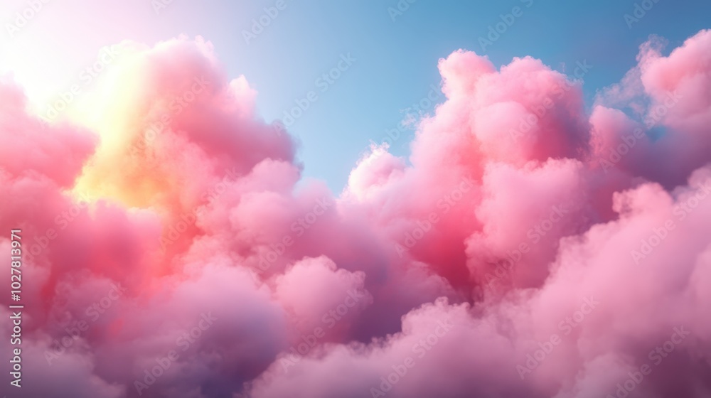 A breathtaking depiction of vibrant pink clouds tinged with golden light, resembling cotton candy against a soft blue sky, creating a dreamy atmosphere. A breathtaking depiction of vibrant pink clouds tinged with golden light, resembling cotton candy against a soft blue sky, creating a dreamy atmosphere.