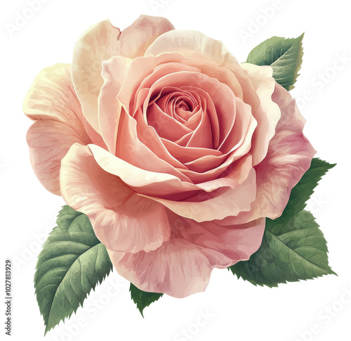 Beautiful pink rose with lush green leaves on a white background in natural l...