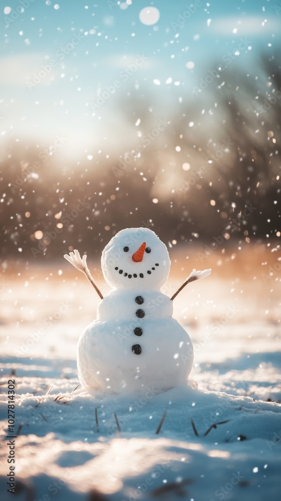 Obraz premium Cheerful snowman with a big smile in a winter wonderland, welcoming the festive New Year and Christmas season.