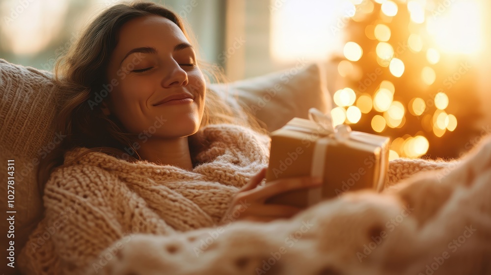 A young woman, cozily wrapped in a blanket, sleeps contentedly on a couch, holding a small gift box near her chest in a softly lit room with a decorated tree.
