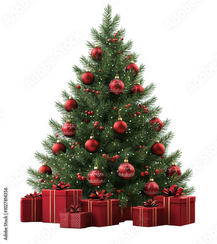 Festive Christmas tree decorated with red ornaments and surrounded by beautif...
