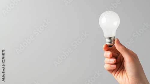 Lightbulb being held aloft by a hand, symbolizing a new concept, against a clean white background, ample room for text