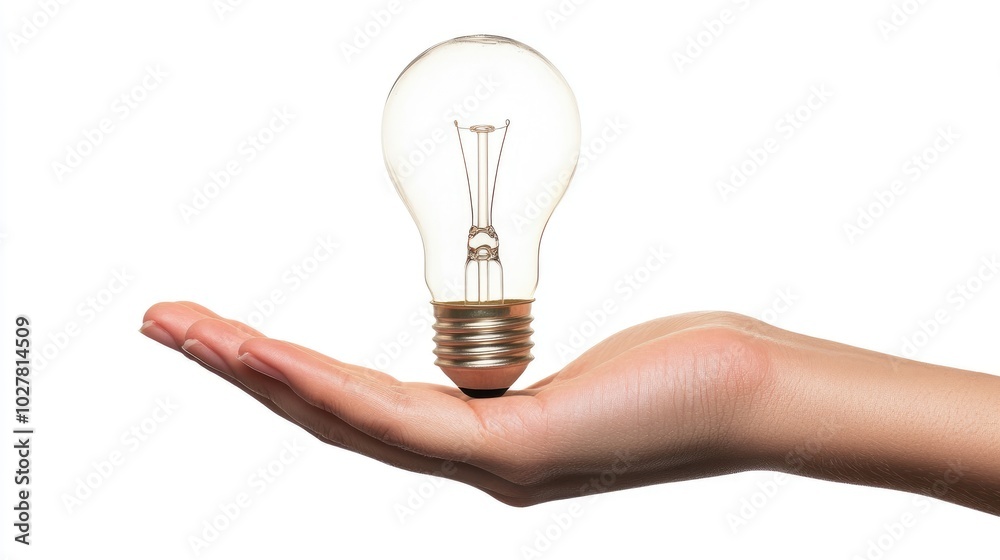 Lightbulb cradled in an open hand, representing innovation, with a pure white backdrop, ideal for adding your message Lightbulb cradled in an open hand, representing innovation, with a pure white backdrop, ideal for adding your message