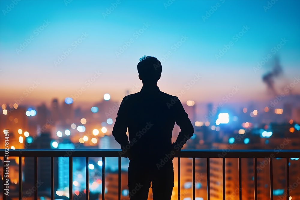 Fototapeta premium Silhouette figure standing on balcony overlooking the tranquil cityscape at dusk