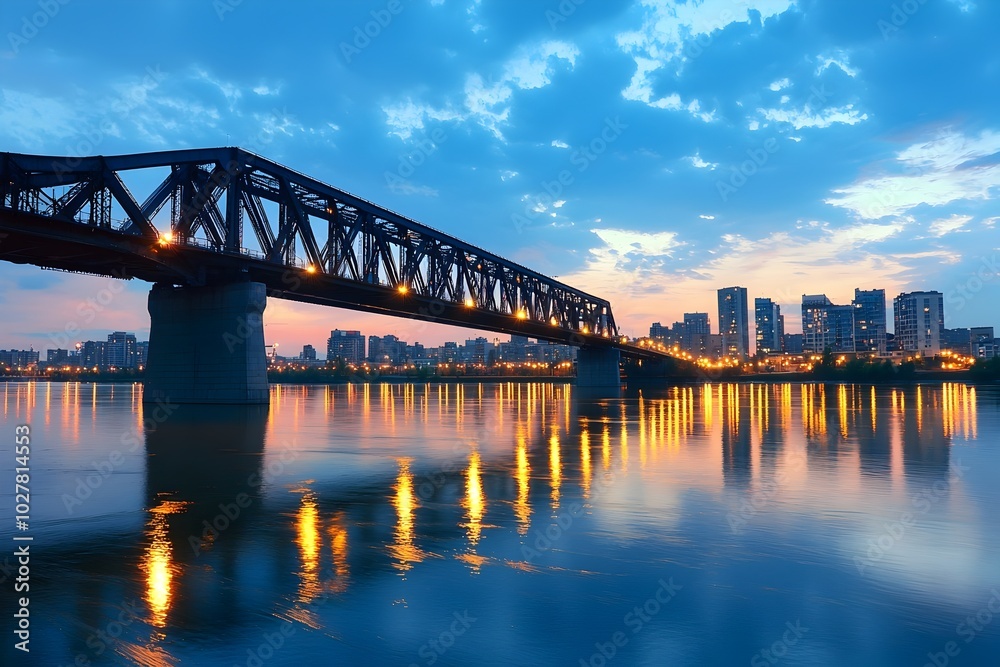 Naklejka premium Captivating Cityscape Skyline with Illuminated Bridge at Twilight Reflected on Serene River