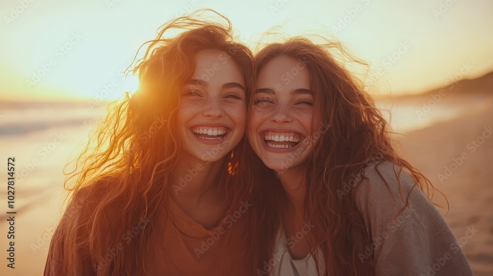 Two young women with curly hair laugh together joyfully on a sandy beach as the golden light of the sun sets behind them, embodying friendship and freedom. Two young women with curly hair laugh together joyfully on a sandy beach as the golden light of the sun sets behind them, embodying friendship and freedom.
