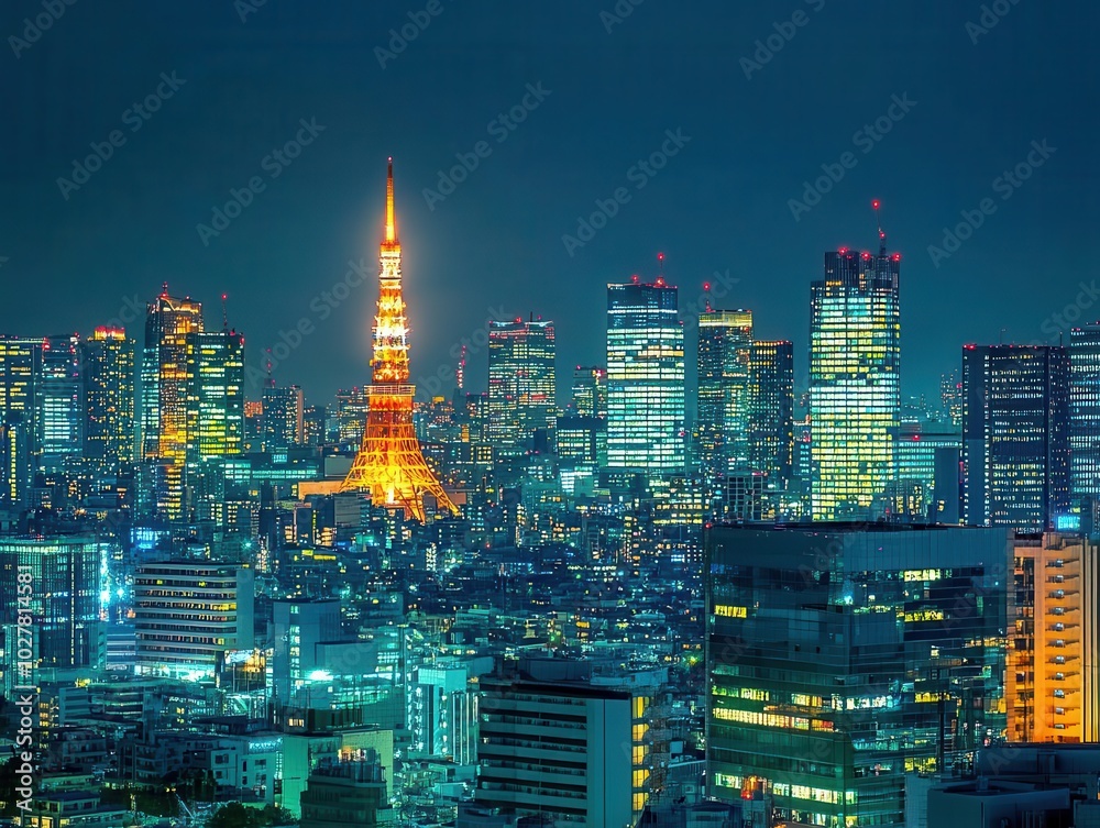 Obraz premium nighttime cityscape showcases towering high-rise buildings shimmering with lights, reflecting urban life and energy against a dark sky, highlighting modern architecture and vibrant city life