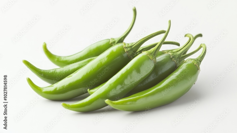 A group of fresh green chili peppers arranged on a white background. A group of fresh green chili peppers arranged on a white background.