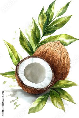 Fresh coconut and green leaves illustrated against a colorful, textured backg...