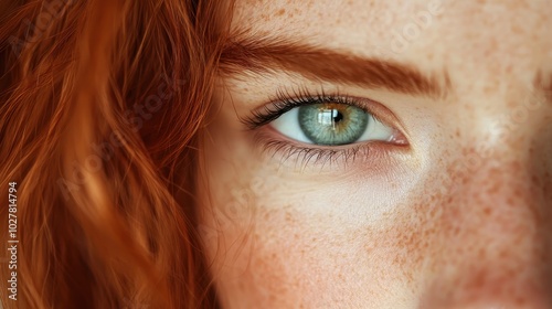 An extreme close-up of a woman's eye showcasing a vivid green iris, accented by delicate freckles, offering a mesmerizing glimpse into the window of the soul.