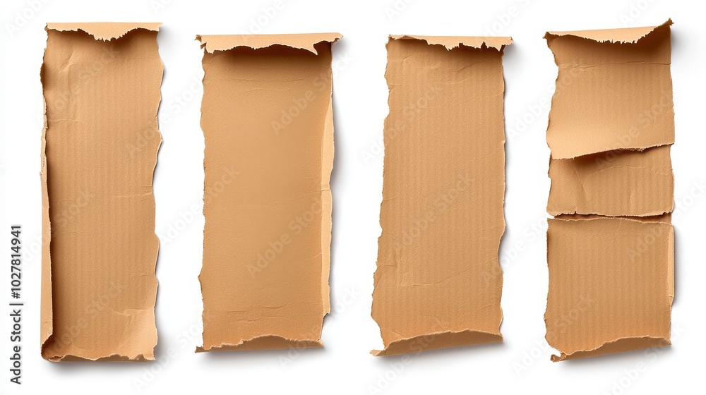 Series of ripped paper strips in brown tones, isolated on white ...