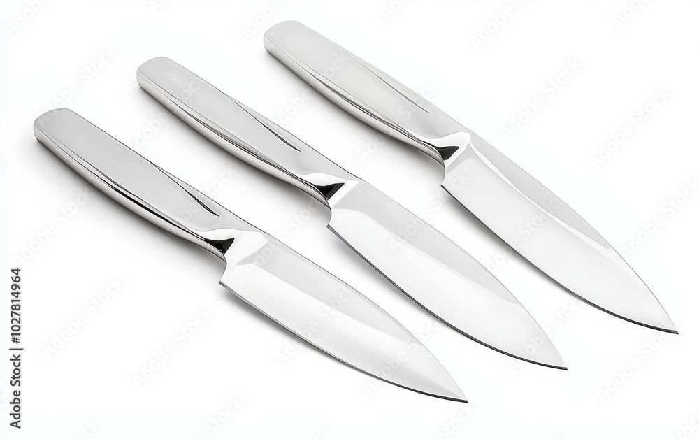 Fototapeta premium Set of stainless steel knives with polished blades, isolated on a white background, designed for precision and elegance in the kitchen