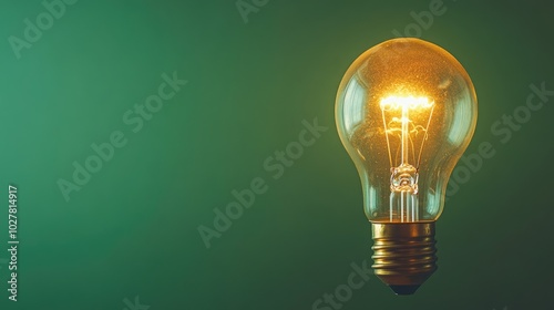 Lightbulb glowing in front of a subtle green background, wide open space for inserting your message